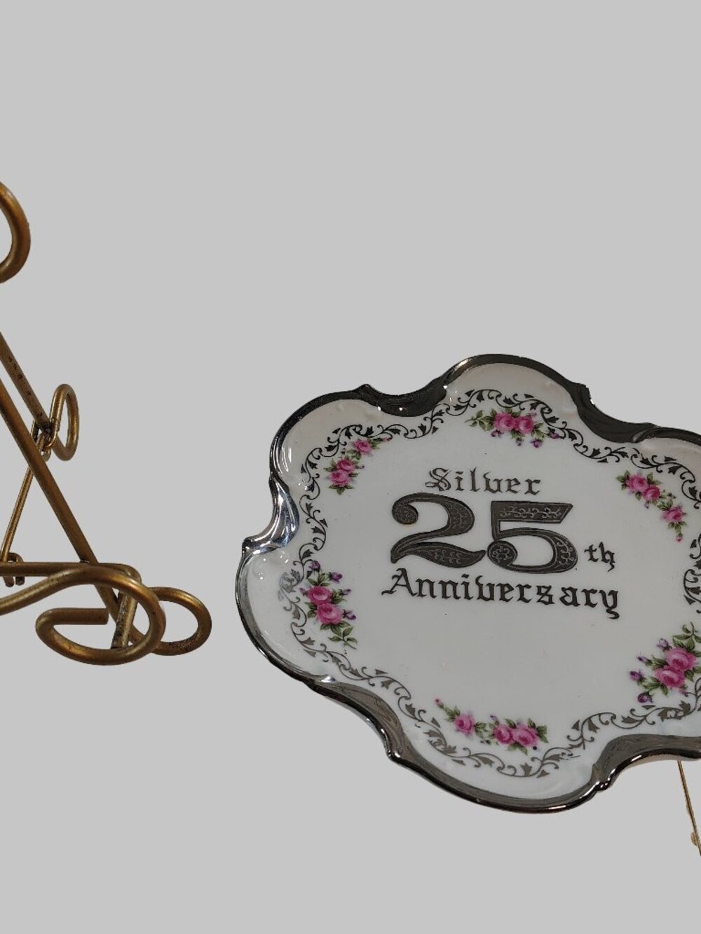 Real Silver & Porcelain 25th Anniversary Decorative Plate & Stand